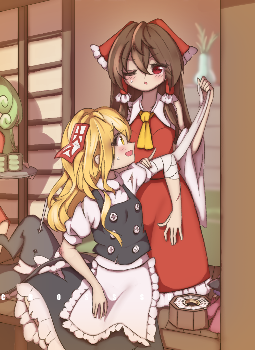 4girls apron artist_name ascot bandaged_arm bandages black_skirt black_vest blonde_hair blush bow bowl bowl_hat brown_hair commentary crosssu cup curly_hair cuts dated_commentary detached_sleeves frilled_bow frilled_hair_tubes frills green_hair hair_bow hair_tubes hakurei_reimu hat highres holding holding_tray injury japanese_clothes kimono kirisame_marisa komano_aunn long_hair mini-hakkero mini_person minigirl multiple_girls needle no_headwear ofuda one_eye_closed open_mouth red_bow red_eyes red_skirt shadow shouji sitting skirt skirt_set sliding_doors smile sukuna_shinmyoumaru sweatdrop throwing_needles torn_clothes torn_skirt torn_vest touhou tray unworn_headwear vase vest waist_apron white_apron witch_hat yellow_ascot yellow_eyes yunomi