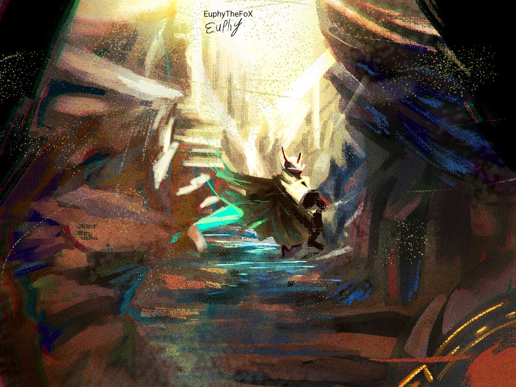 1boy artist_name brown_cloak cloak euphythefox helmet male_focus mega_man_(series) mega_man_zero_(series) nature outdoors red_helmet signature solo sunlight wide_shot zero(z)_(mega_man) zero_(mega_man)
