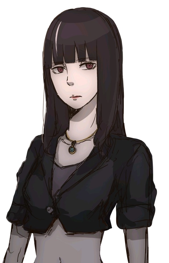 10s 1girl artist_request bad_id bad_pixiv_id black_hair blunt_bangs chiyuki_(death_parade) death_parade female_focus frown jewelry kurokami_no_onna lipstick long_hair makeup miisa multicolored_hair navel necklace pendant red_eyes short_sleeves simple_background solo two-tone_hair upper_body white_background white_hair
