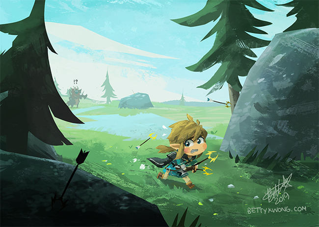 !? arrow_(projectile) bettykwong blue_shirt blue_sky blush_stickers boulder cape grass link lynel nintendo pine_tree pond running shirt sky sweat the_legend_of_zelda the_legend_of_zelda:_breath_of_the_wild tree