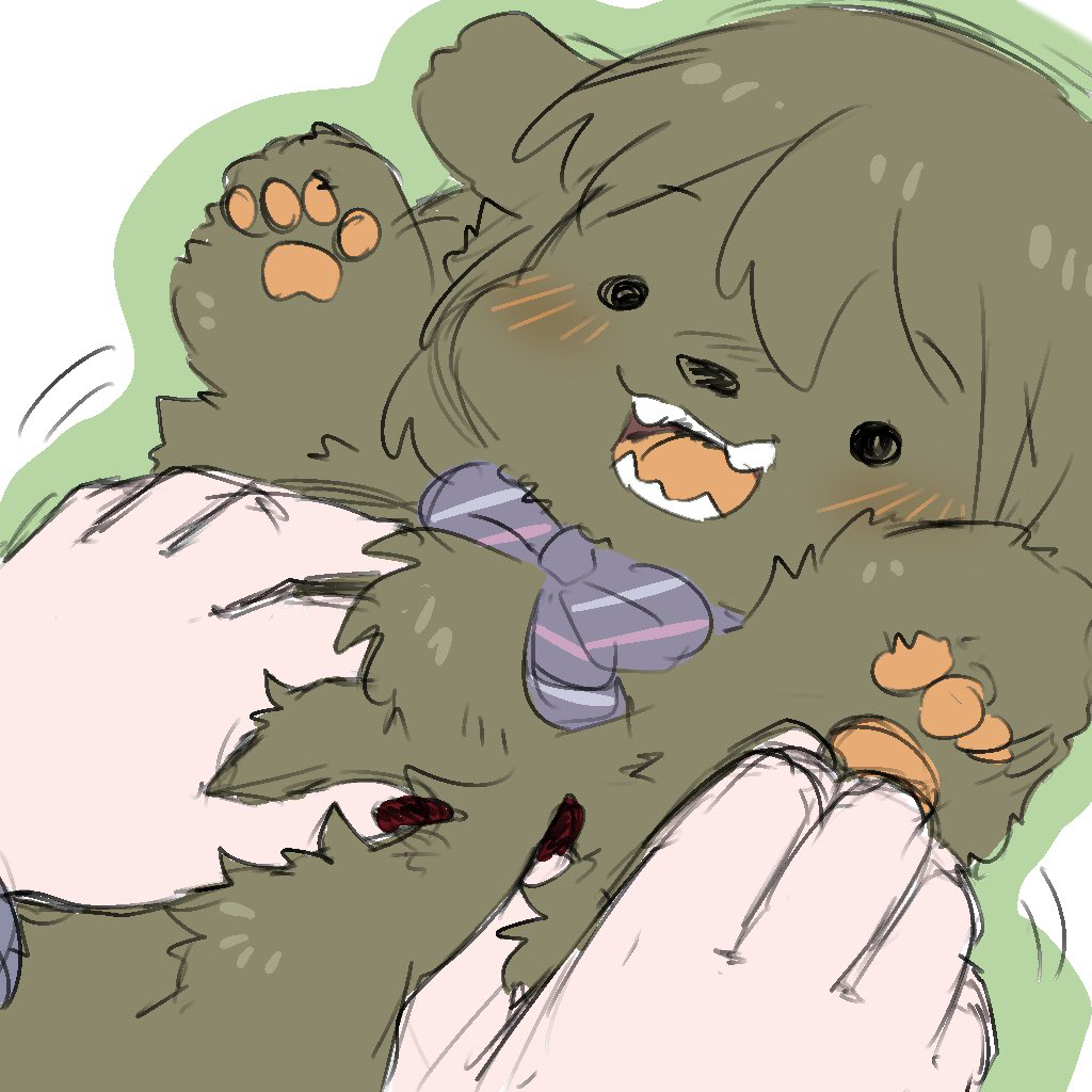 1girl aketa_mikoto animalization artisansg_lily blue_bow blue_bowtie blush bow bowtie commentary_request diagonal-striped_bow diagonal-striped_bowtie diagonal-striped_clothes fingernails green_dog green_outline idolmaster idolmaster_shiny_colors looking_at_viewer nail_polish nanakusa_nichika outline patting pov pov_hands smile solid_circle_eyes striped_clothes