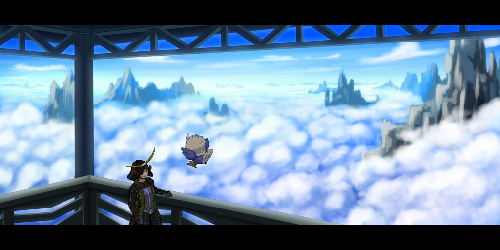 armor balcony castle cloud crescent date_masamune date_masamune_(sengoku_musou) gen_5_pokemon helmet horizon midorijikano mountain mountainous_horizon nintendo pokemon pokemon_conquest rufflet sengoku_musou sky