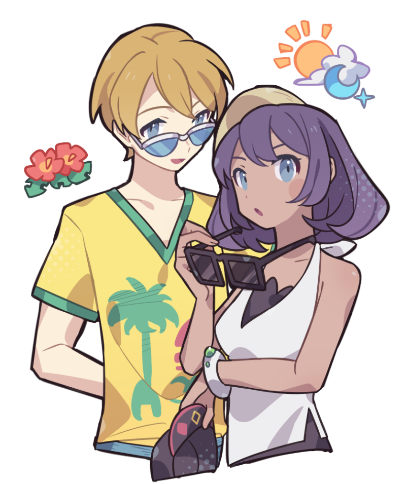 1boy 1girl baseball_cap blonde_hair blue_eyes collarbone cropped_torso dark-skinned_female dark_skin dexio_(pokemon) haconeri hat looking_at_viewer looking_over_eyewear mega_ring nintendo parted_lips pokemon pokemon_sm purple_hair shirt simple_background sina_(pokemon) sunglasses unworn_eyewear v-neck white_background yellow_shirt