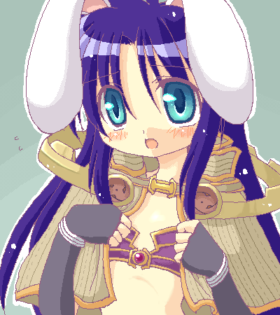 1girl 2000s_(style) animal_ears bikini bikini_top_only black_gloves blue_eyes blush brown_capelet capelet commentary_request fingerless_gloves flat_chest gloves grey_background long_hair looking_at_viewer lowres oekaki open_mouth purple_bikini purple_hair rabbit_ears rabbit_girl ragnarok_online sage_(ragnarok_online) shirokuro_(lapinnoir) sidelocks simple_background solo striped_capelet swimsuit upper_body