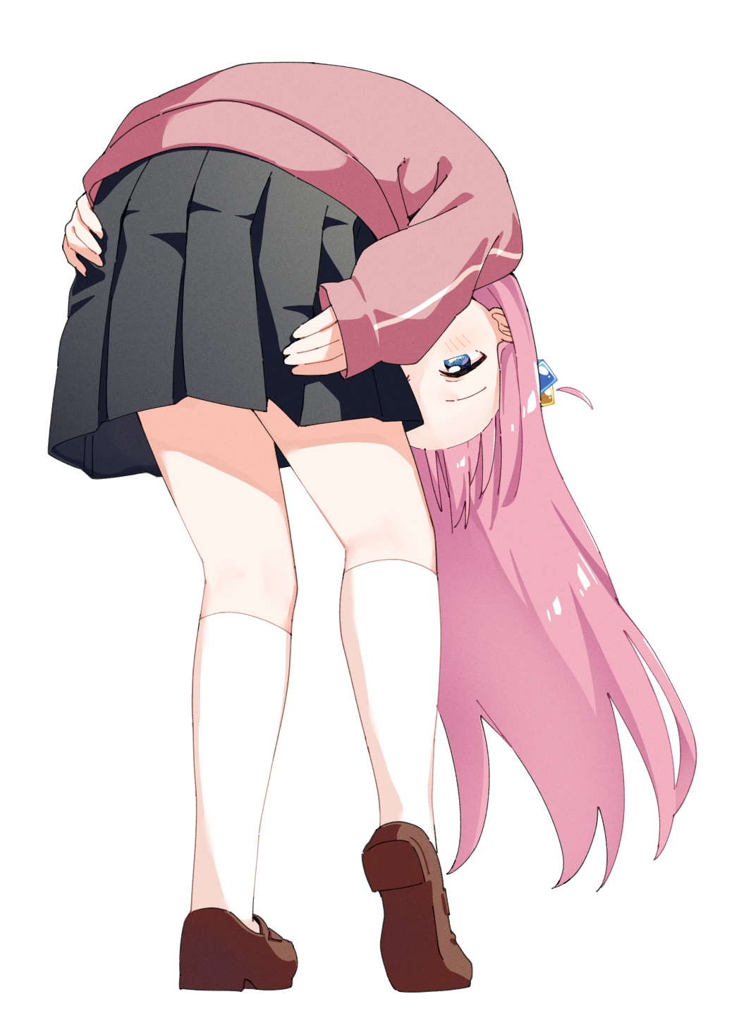 1girl bent_over black_skirt blue_eyes bocchi_the_rock! brown_shoes commentary cube_hair_ornament full_body gotoh_hitori hair_ornament haru_(konomi_150) highres jacket kneehighs long_hair long_sleeves one_side_up pink_hair pink_jacket pleated_skirt shoes simple_background skirt socks solo standing track_jacket white_background white_socks
