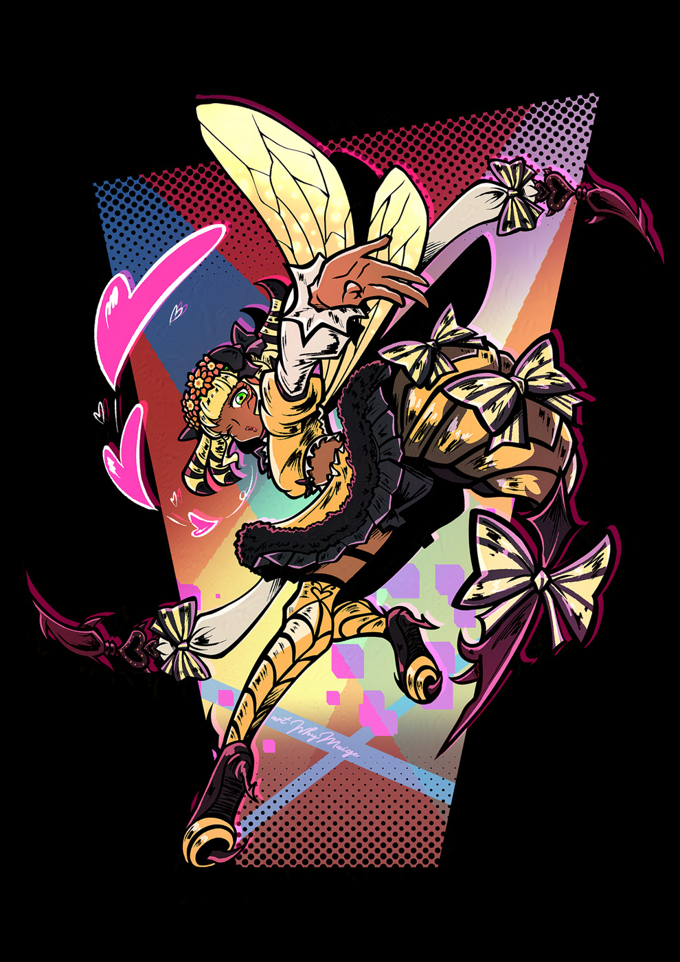 1girl arthropod_girl bee_girl blonde_hair blowing_kiss crop_top dark-skinned_female dark_skin final_fantasy final_fantasy_xiv fur-trimmed_skirt fur_trim green_eyes highres honey_b._lovely insect_girl insect_wings leg_up looking_at_viewer medium_hair o3o one_eye_closed red_lips shirt signature skirt solo stinger whymaige wings yellow_shirt yellow_skirt