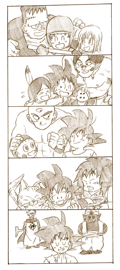 1girl 6+boys ;d black_eyes black_hair chaozu closed_eyes dougi dragon_ball dragon_ball_(object) eye_contact father_and_son fist_bump happy_tears hug kami-sama_(dragon_ball) karin_(dragon_ball) looking_at_another mister_popo monochrome multiple_boys one_eye_closed open_mouth own_hands_together ruyi_jingu_bang short_hair simple_background smile son_goku spiked_hair sweatdrop tears tenshinhan tkgsize upa_(dragon_ball) white_background winter_clothes wristband yajirobe