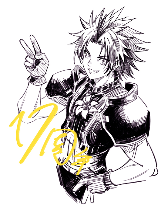 1boy armor belt black_gloves black_hair crisis_core_final_fantasy_vii cropped_torso earrings final_fantasy final_fantasy_vii flower gloves grin hand_on_own_hip huosheanng jewelry lily_(flower) looking_at_viewer parted_bangs short_hair shoulder_armor single_earring sketch sleeveless sleeveless_turtleneck smile solo spiked_hair suspenders teeth turtleneck v zack_fair