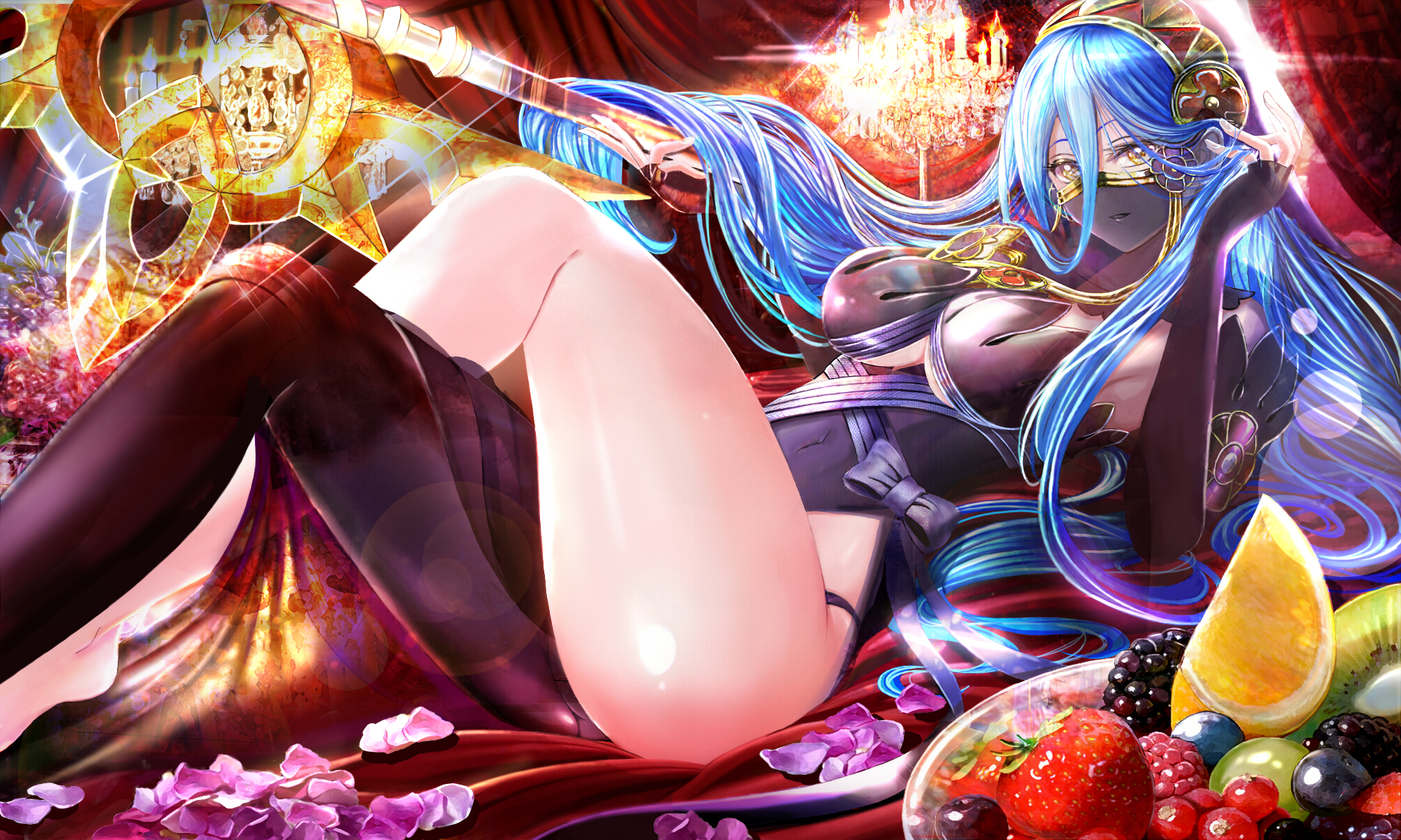 1girl aqua_hair azura_(fire_emblem) azura_(lady_of_ballads)_(fire_emblem) bare_legs black_gloves black_thighhighs blackberry_(fruit) blueberry breasts bridal_gauntlets candle candlestand covered_navel crossed_legs curtains female_focus fingerless_gloves fire_emblem fire_emblem_fates food fruit gloves grapes highres kiwi_(fruit) kiwi_slice leotard long_hair looking_at_viewer lying mask medium_breasts mouth_mask mouth_veil nintendo on_back orange_(fruit) orange_slice petals raspberry single_thighhigh solo staff strawberry taut_clothes thighhighs thighs tongari veil yellow_eyes