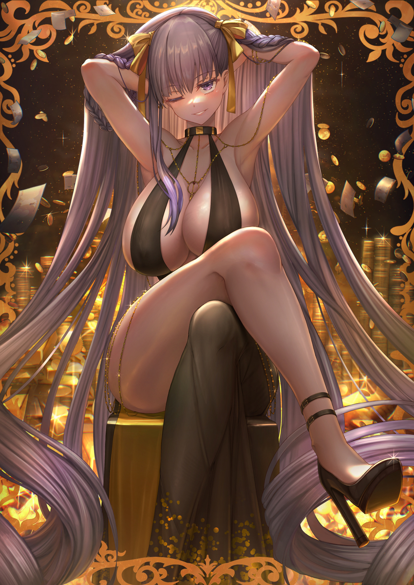 1girl bare_shoulders bb_(fate) bb_dubai_(fate) belly_chain black_dress blush bracelet braid braided_hair_rings breasts center_opening cleavage crossed_legs dai_toro dress fate/grand_order fate_(series) grin hair_ribbon hair_rings high_heels highres jewelry large_breasts long_hair looking_at_viewer necklace one_eye_closed purple_eyes purple_hair ribbon side_slit sitting smile solo twin_braids very_long_hair yellow_ribbon