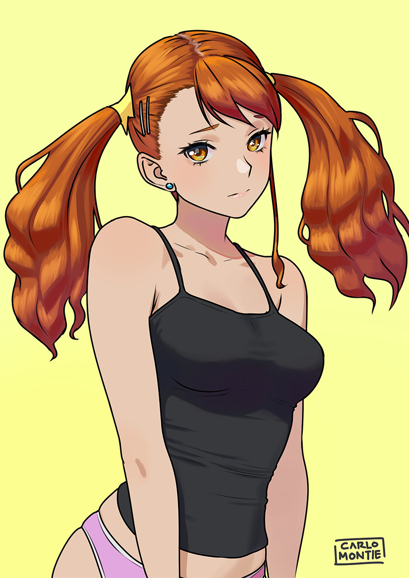1girl anjou_naruko ano_hi_mita_hana_no_namae_wo_bokutachi_wa_mada_shiranai. artist_name bare_shoulders breasts brown_eyes brown_hair camisole carlo_montie commentary earrings english_commentary hair_ornament hairclip head_tilt jewelry long_hair looking_at_viewer medium_breasts orange_hair panties pink_panties skindentation solo stud_earrings twintails underwear yellow_background