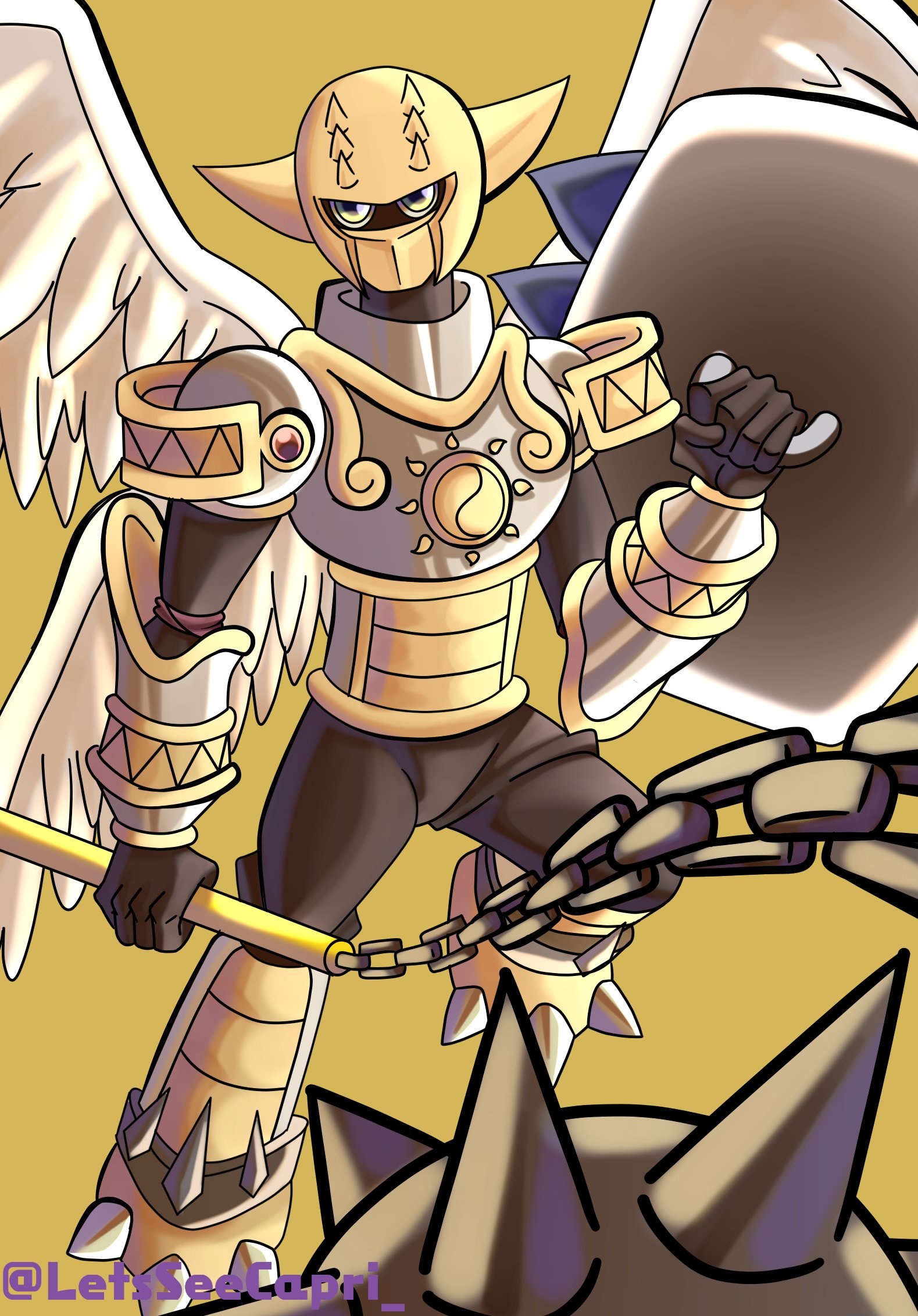 angemon ankylomon blue_eyes digimon digimon_(creature) fusion highres oridigi shakkoumon solo spikes