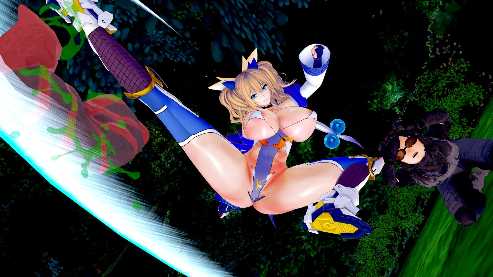 1girl 1other 3d artist_request ass bare_shoulders blonde_hair boots fingerless_gloves gloves grass highleg highleg_leotard highres jump kicking leg_up legs_apart leotard long_hair looking_at_another looking_to_the_side onizaki_kirara revealing_clothes shiny_skin taimanin_(series) taimanin_rpgx thong_leotard twintails
