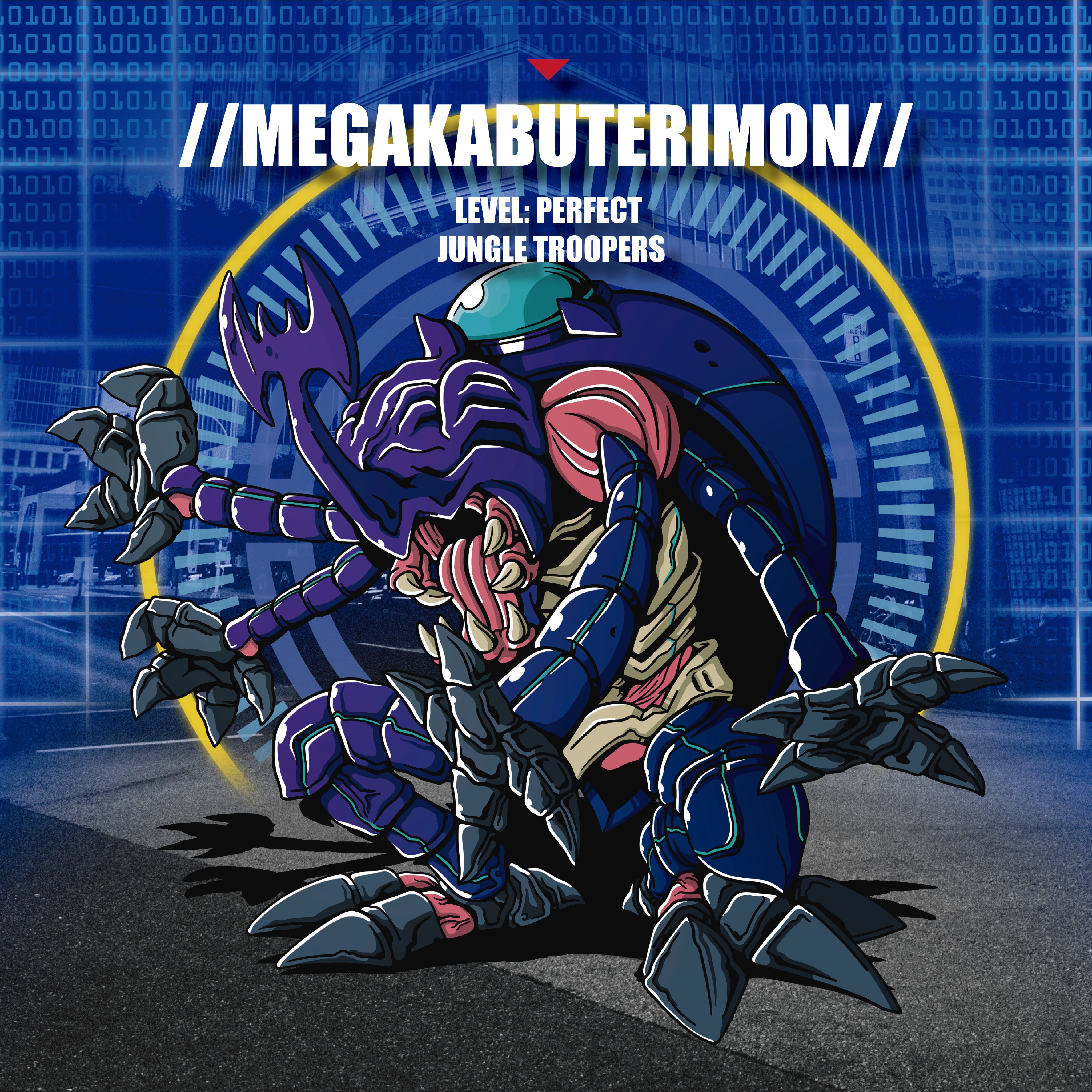 absurdres atlurkabuterimon atlurkabuterimon_(blue) bug digimon digimon_(creature) exoskeleton highres horns rhinoceros_beetle sharp_teeth teeth