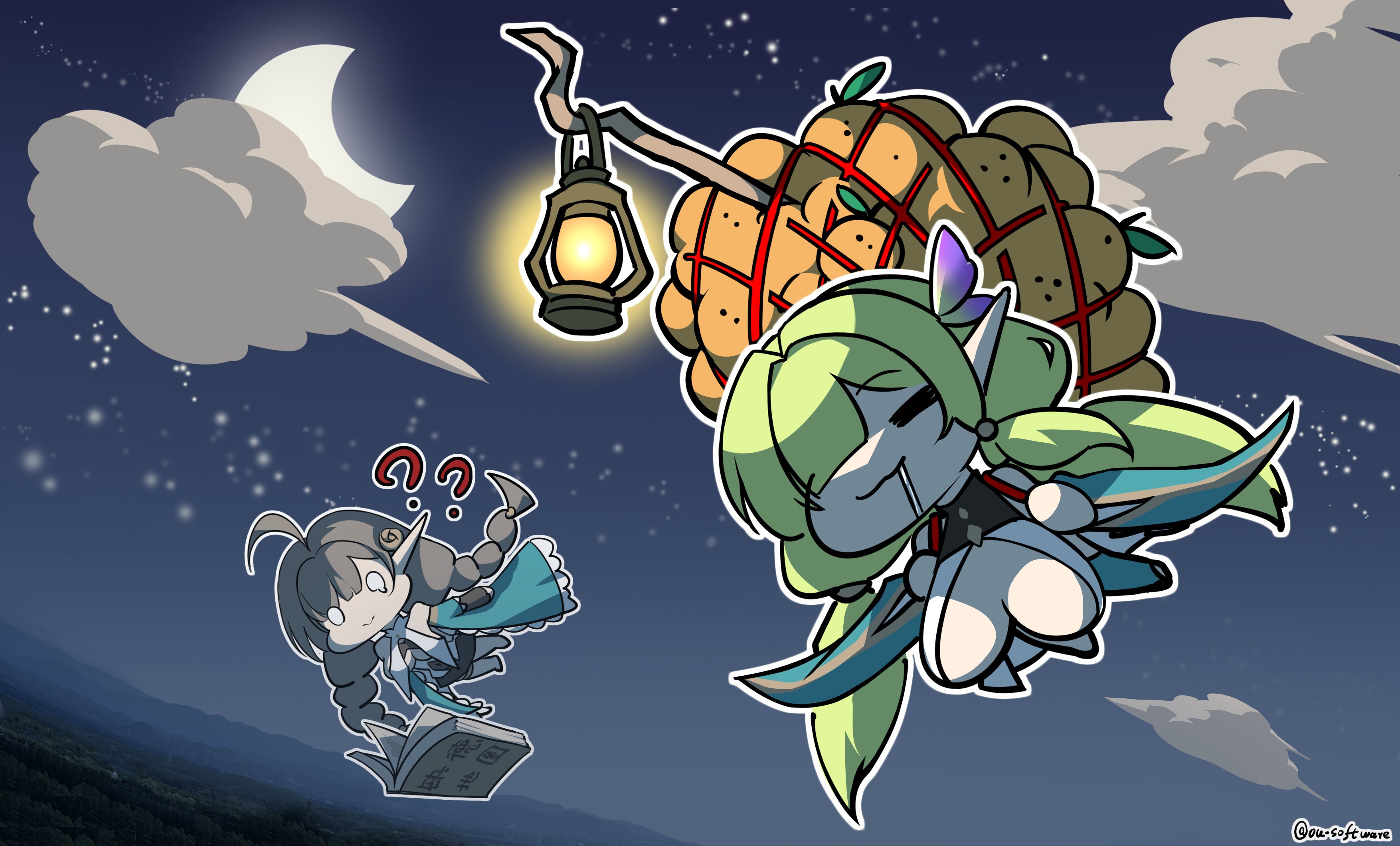 2girls ? ?? absurdres ahoge artist_name azur_lane book braid butterfly_hair_ornament chibi chibi_only chinese_commentary closed_eyes closed_mouth cloud crescent de_zeven_provincien_(azur_lane) evertsen_(azur_lane) flying food fruit green_hair grey_hair hair_ornament highres huang_(pixiv3580877) lantern low_twin_braids moon multiple_girls night night_sky orange_(fruit) pointy_ears sky star_(sky) starry_sky twin_braids