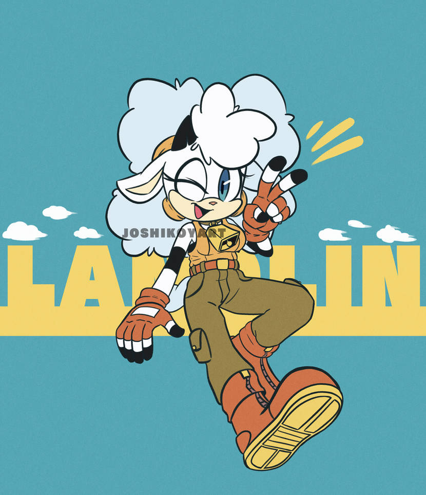 1girl animal_ears artist_name bell breasts commentary cowbell english_commentary horns joshikoy lanolin_the_sheep sheep_ears sheep_girl sheep_horns sheep_tail solo sonic_(series) sonic_the_hedgehog_(idw) tail v watermark