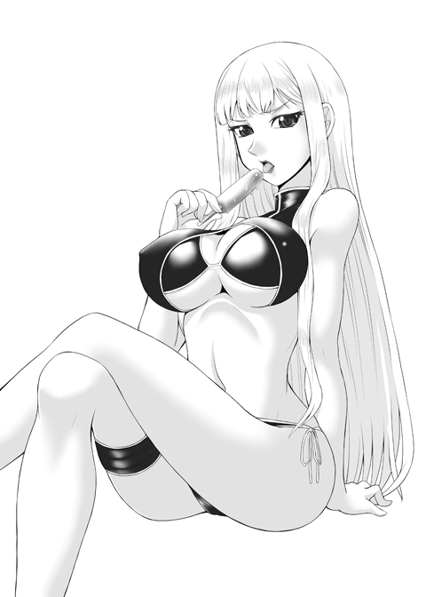 00s 1girl arm_support bare_shoulders bikini breasts cleavage cleavage_cutout clothing_cutout covered_erect_nipples crossed_legs female_focus food greyscale large_breasts legs licking long_hair looking_at_viewer monochrome navel popsicle selvaria_bles senjou_no_valkyria senjou_no_valkyria_(series) senjou_no_valkyria_1 side-tie_bikini_bottom sitting solo swimsuit thigh_strap thighs underboob yaso_shigeru