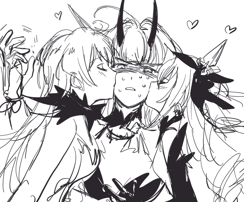 3girls blush bronya_zaychik cheek_kiss daikon_daikon double_cheek_kiss girl_sandwich greyscale heart honkai_(series) honkai_impact_3rd kiana_kaslana kiss kissing_cheek long_hair monochrome multiple_girls raiden_mei raiden_mei_(herrscher_of_thunder) sandwiched shaking sketch sweat white_background yuri