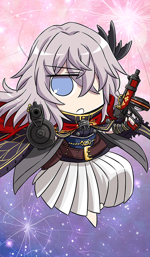 1girl :o asymmetrical_dual_wielding belt blue_eyes blue_sash brown_belt buttons cape chibi chibi_only coat commentary_request dual_wielding dynamic_pose fate/grand_order fate_(series) fingerless_gloves full_body gloves gradient_background grey_hair grey_haori gudaguda_chou_goryoukaku gun hair_between_eyes hakama haori holding holding_gun holding_weapon holster japanese_clothes keikenchi kimono long_hair looking_at_viewer obi obijime official_art open_clothes open_coat open_mouth pink_background purple_background purple_coat purple_kimono red_cape saika_magoichi_(fate) sash short_sleeves solo third-party_source weapon weapon_request white_hakama