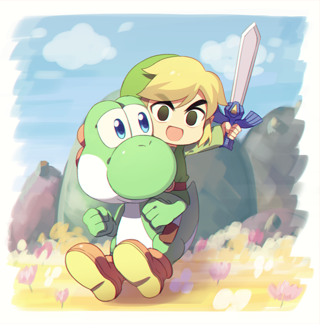 1boy black_eyes blonde_hair blue_eyes closed_mouth crossover hat holding link male_focus mario_(series) nintendo pointy_ears shoes sword the_legend_of_zelda the_legend_of_zelda:_the_wind_waker toon_link weapon wusagi2 yoshi