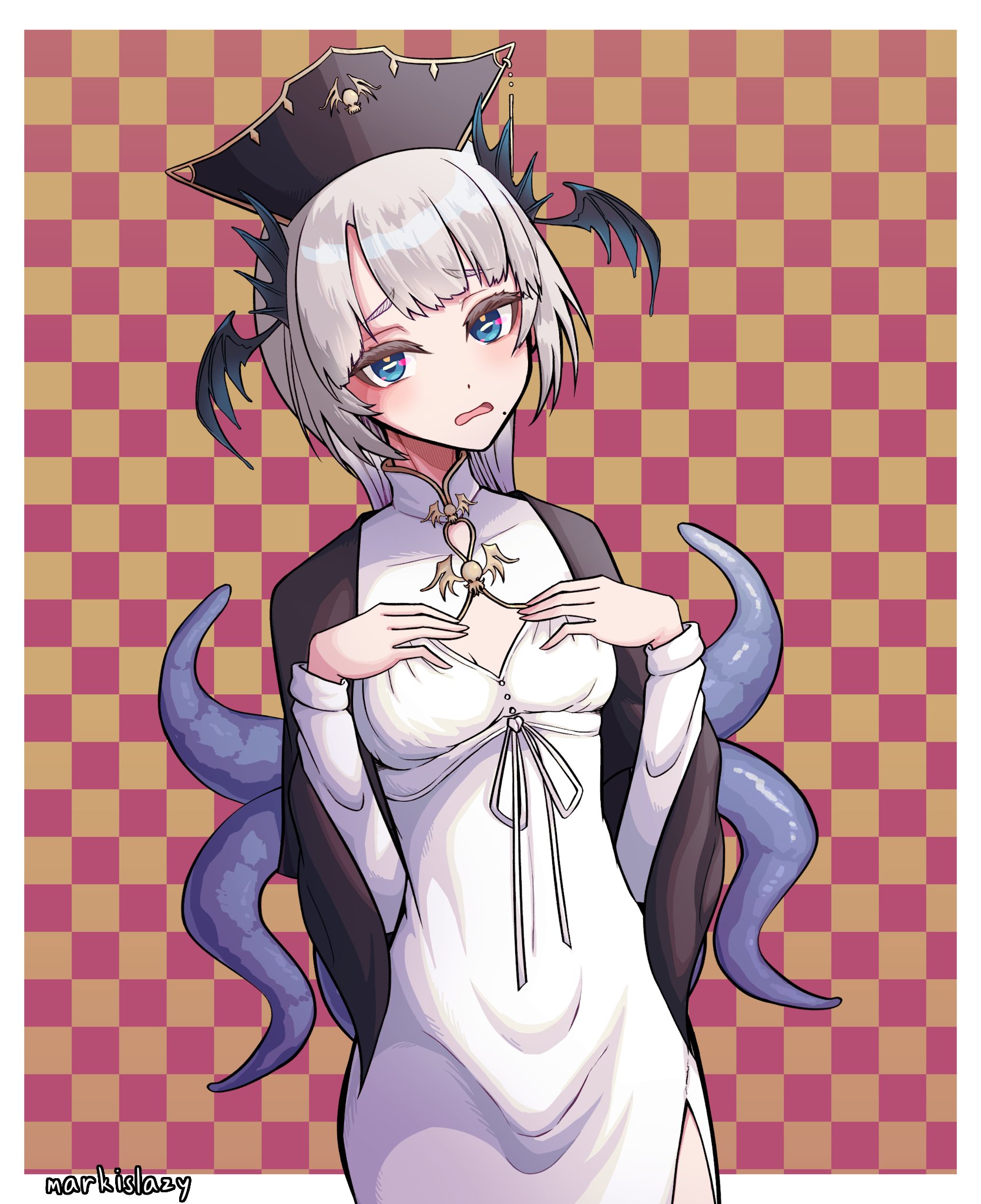 1girl alternate_breast_size artist_name black_cape black_hat blue_eyes bright_pupils cape checkered_background cleavage_cutout clothing_cutout covered_collarbone dress grey_hair hat head_wings highres horizontal_pupils indie_virtual_youtuber long_hair markislazy mole mole_under_eye open_mouth pochimaru_(vtuber) pochimaru_(vtuber)_(4th_costume) side_slit solo tentacle_hair virtual_youtuber white_dress white_pupils wings