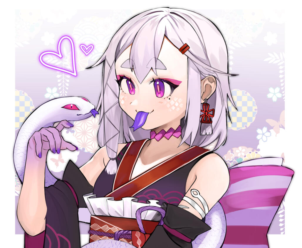 1girl 1other heart image_sample japanese_clothes kimono kumaartsu original purple_eyes sleeveless sleeveless_kimono snake tongue tongue_out twitter_sample