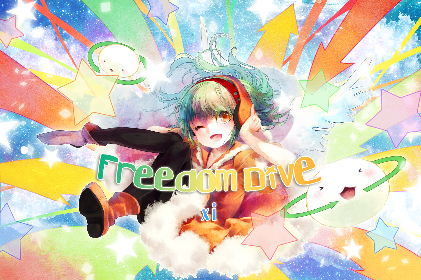 1girl :3 :d abstract_background angel_wings arrow_(symbol) boots collared_dress cytus dress fangs floating fur-trimmed_collar fur-trimmed_dress fur_trim green_hair hands_on_headphones headphones highres kurante looking_at_viewer medium_hair official_art one_eye_closed open_mouth orange_boots orange_eyes smile solo song_name star_(symbol) wavy_hair white_trim white_wings wings yukino_neko