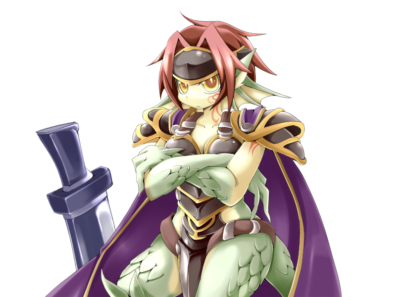 1girl animal_ears arm_tattoo armor black_armor bmp-to-png_conversion breasts cape cleavage closed_mouth colored_skin cowboy_shot crossed_arms dragon_ears dragon_girl dragon_tail facial_tattoo fins forehead_protector frfr game_cg granberia green_skin hair_intakes head_fins huge_weapon light_frown looking_at_viewer medium_breasts mon-musu_quest! monster_girl multicolored_skin neck_tattoo non-web_source planted planted_sword planted_weapon pointy_ears purple_cape red_hair scales short_hair shoulder_armor simple_background solo sword tail tattoo transparent_background two-handed_sword two-tone_skin weapon wide_hips yellow_eyes yellow_skin