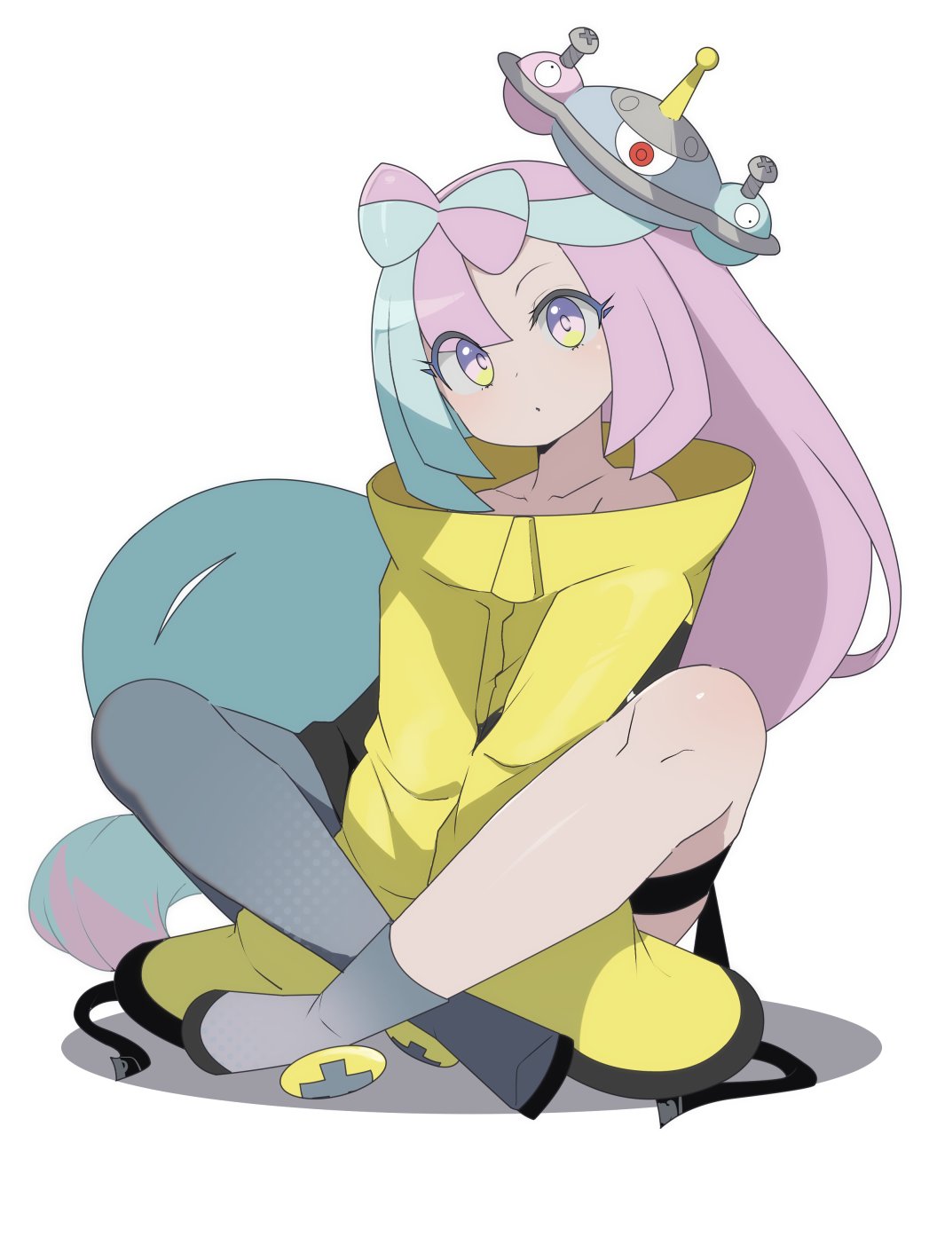 1girl gen_4_pokemon grey_pantyhose highres iono_(pokemon) long_hair low-tied_long_hair magnezone mituyota_76 multicolored_hair nintendo oversized_clothes pantyhose pokemon pokemon_sv simple_background single_leg_pantyhose sleeves_past_fingers sleeves_past_wrists solo split-color_hair two-tone_hair white_background