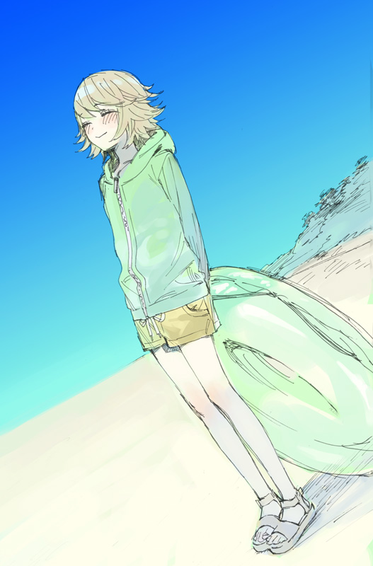 1boy ^_^ bare_legs blue_sky blush brown_hair brown_shorts closed_eyes closed_mouth collarbone commentary_request danganronpa:_trigger_happy_havoc danganronpa_(series) day dot_nose dutch_angle fujisaki_chihiro full_body green_innertube green_jacket grey_sandals happy holding holding_behind_back holding_swim_ring hood hood_down hooded_jacket innertube jacket knees long_sleeves male_focus naoko_(artist) outdoors pocket sandals shadow short_hair shorts sky smile solo standing swim_ring zipper zipper_pull_tab