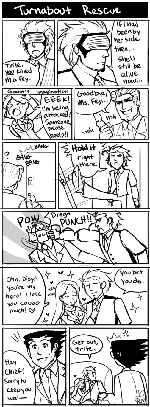 1girl 3boys ace_attorney alternate_universe breasts coffee_mug comic couch cup door dual_persona english_text gigi_d.g. godot_(ace_attorney) greyscale heart highres imagining diego_armando large_breasts magatama mask mia_fey monochrome mug multiple_boys phoenix_wright phoenix_wright:_ace_attorney phoenix_wright:_ace_attorney_-_trials_and_tribulations punching redd_white sparkle spiked_hair spoilers statue summary upper_body visor white_background
