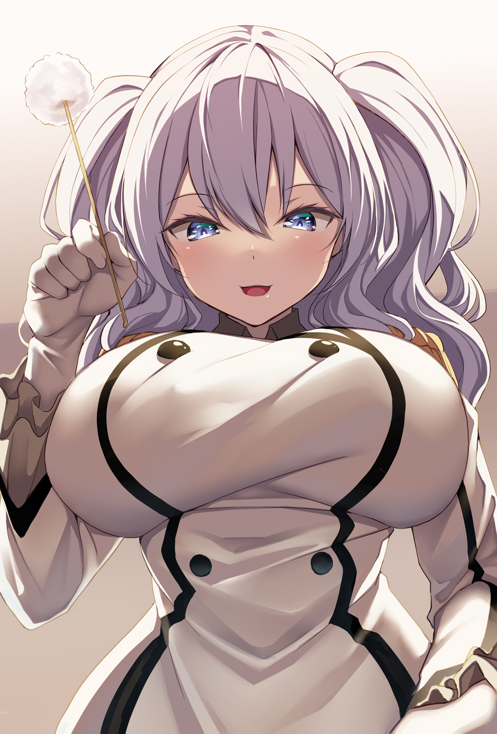 1girl beret blue_eyes blush breasts cotton_swab creek_(moon-sky) ear_cleaning epaulettes frilled_sleeves frills gloves grey_hair hat highres jacket kantai_collection kashima_(kancolle) lap_pillow large_breasts long_hair long_sleeves looking_at_viewer military_jacket military_uniform mimikaki neckerchief open_mouth red_neckerchief smile solo twintails wavy_hair white_gloves