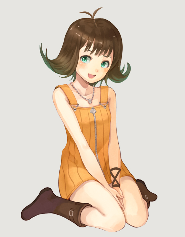 1girl brown_hair dress final_fantasy final_fantasy_viii flipped_hair full-length_zipper full_body green_eyes jewelry looking_at_viewer necklace open_mouth purea selphie_tilmitt short_hair simple_background skirt smile solo yellow_dress zipper zipper_dress