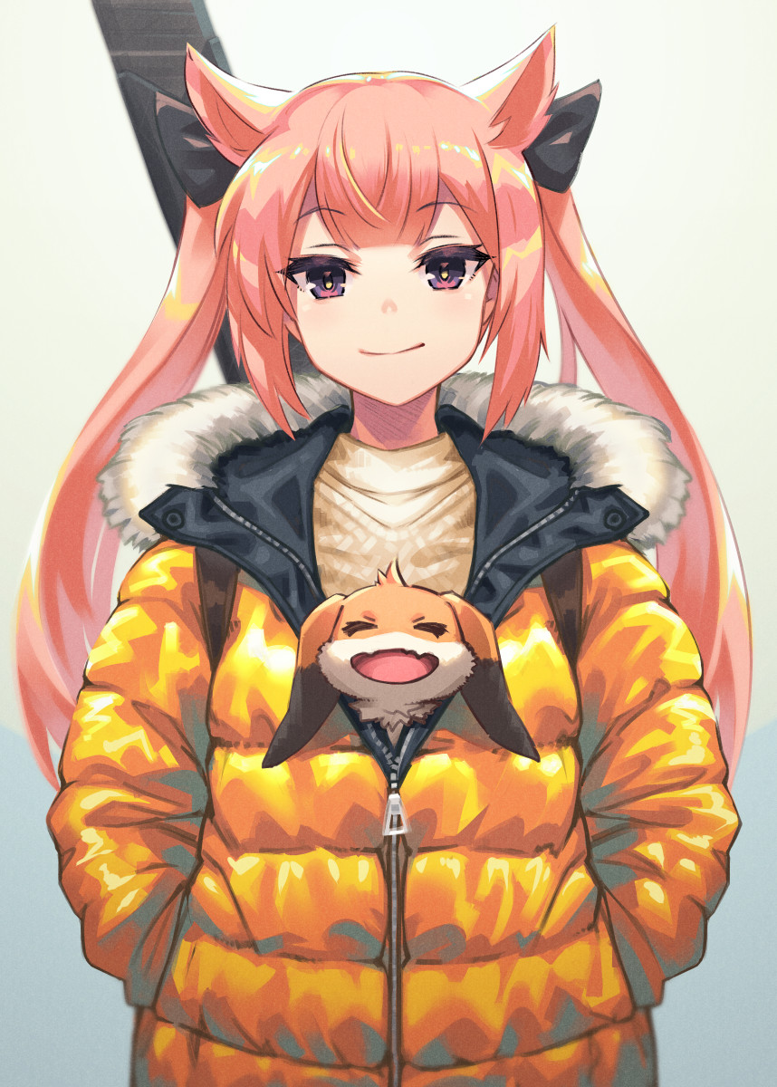 1girl closed_mouth commentary_request down_jacket fur-trimmed_jacket fur_trim hair_horns hands_in_pockets highres jacket long_hair long_sleeves looking_at_viewer mashiko_kaoru mikel_(4hands) nene_(toji_no_miko) ootachi partially_unzipped pink_hair purple_eyes sidelocks smile solo standing sword sword_on_back toji_no_miko twintails weapon weapon_on_back yellow_jacket