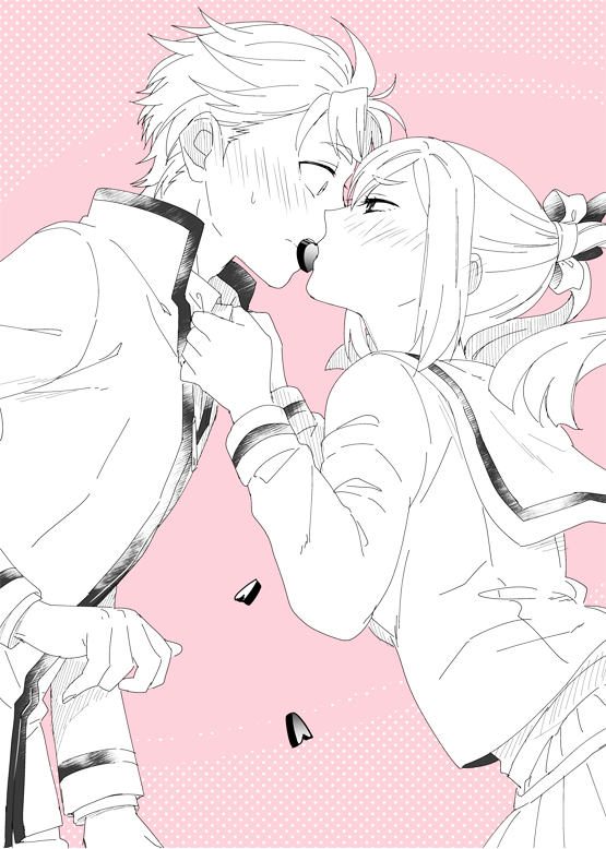 1boy 1girl assertive_female black_ribbon blush candy chocolate chocolate_heart chuo_tanegashima_high_school_uniform clothes_grab collar_grab couple food hair_between_eyes hair_ribbon heart heart-shaped_food hetero ikuhashi_muiko jacket koujiro_frau long_hair long_sleeves looking_at_another monochrome neckwear_grab pink_background pleated_skirt ribbon robotics;notes sailor_collar school_uniform short_hair skirt spot_color sweatdrop twintails upper_body white_ribbon yashio_kaito