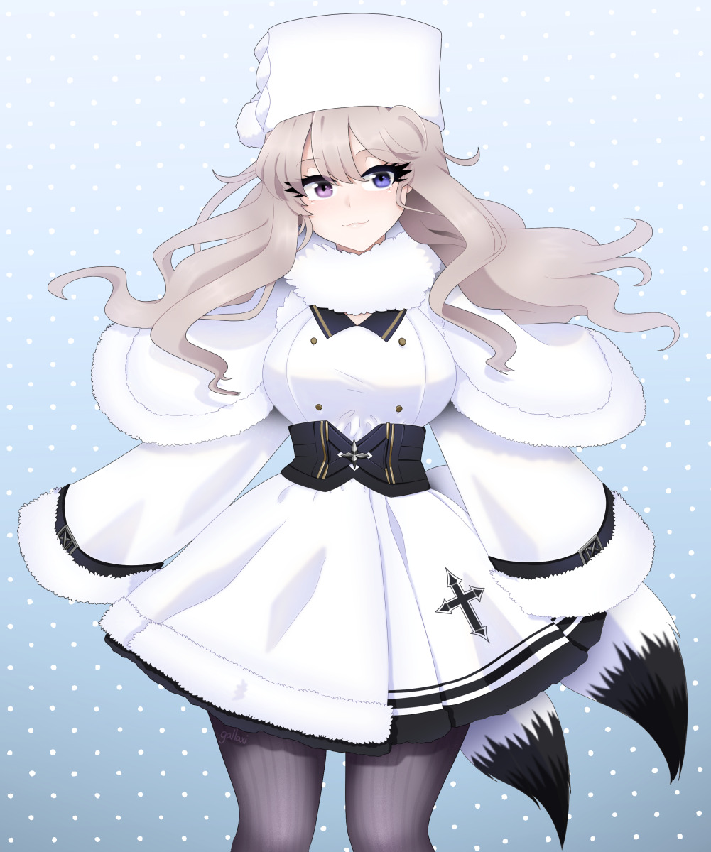 1girl azur_lane belt black_belt blonde_hair blue_background blue_eyes breasts buttons coat coat_dress cross dress fur-trimmed_coat fur-trimmed_collar fur-trimmed_dress fur-trimmed_sleeves fur_hat fur_trim gallaxi hat highres large_breasts long_hair long_sleeves looking_to_the_side multiple_tails murmansk_(azur_lane) pantyhose papakha polka_dot polka_dot_background purple_eyes signature sleeves_past_fingers sleeves_past_wrists tail white_dress white_hat