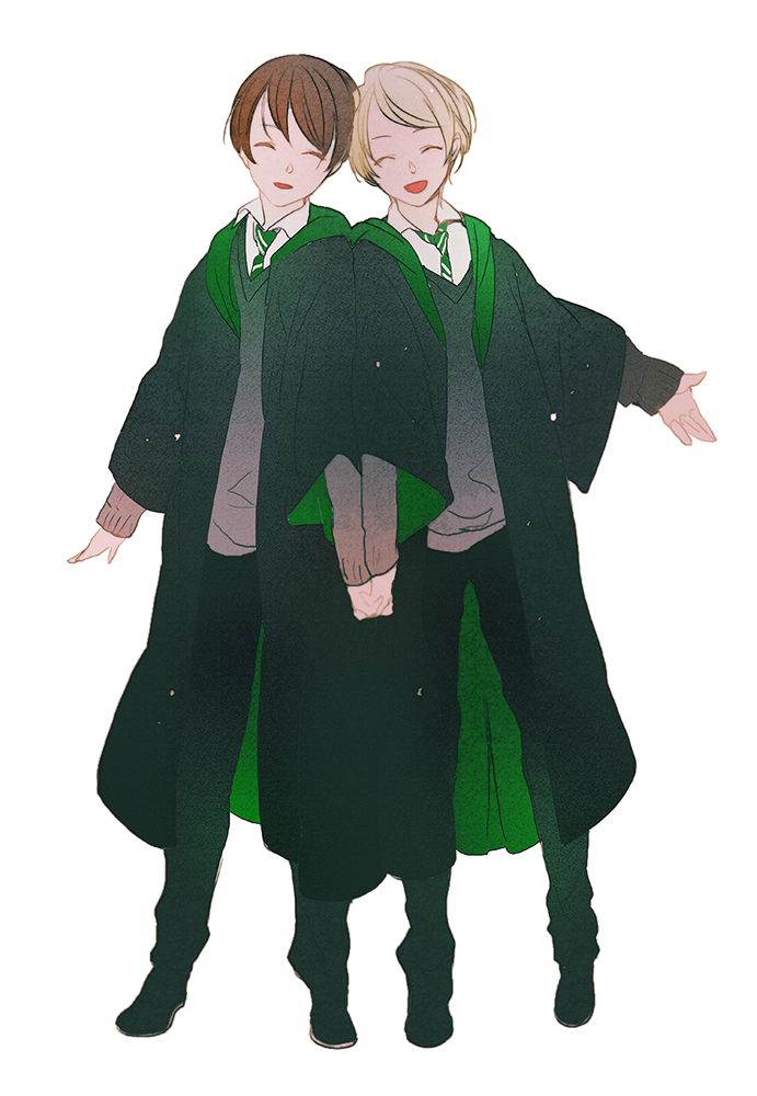 2boys albus_severus_potter black_hair black_robe blonde_hair closed_eyes harry_potter_(series) harry_potter_and_the_cursed_child hogwarts_school_uniform holding_hands ihiro multiple_boys robe school_uniform scorpius_malfoy short_hair slytherin smile striped_neckwear wizarding_world