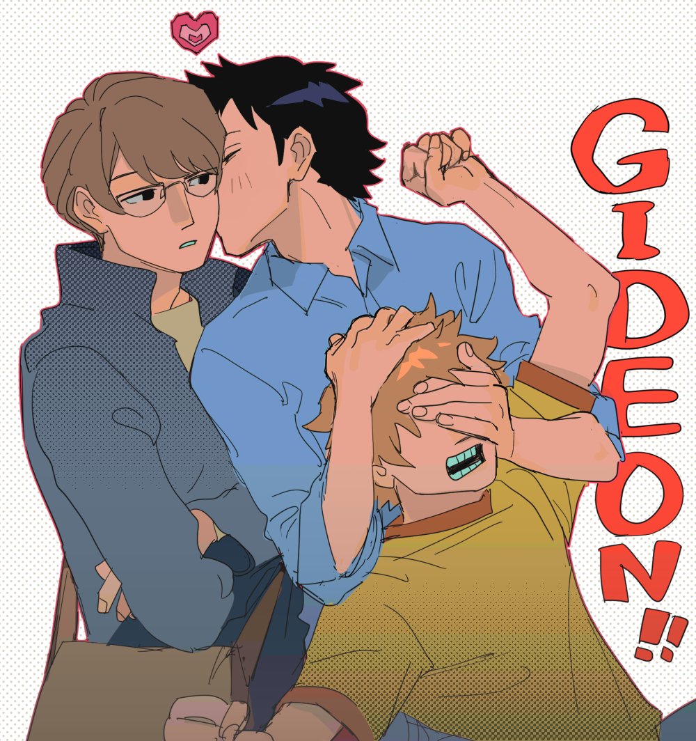 3boys bag black_hair clenched_hand closed_eyes commentary_request couple covering_another&#039;s_eyes crossed_arms english_text glasses hand_on_another&#039;s_head heart kiss kissing_cheek light_brown_hair male_focus messenger_bag miyage_no_nukegara mobile_(scott_pilgrim) multiple_boys open_mouth scene_reference scott_pilgrim scott_pilgrim_(comics) scott_pilgrim_(series) shirt short_hair shoulder_bag wallace_wells yaoi