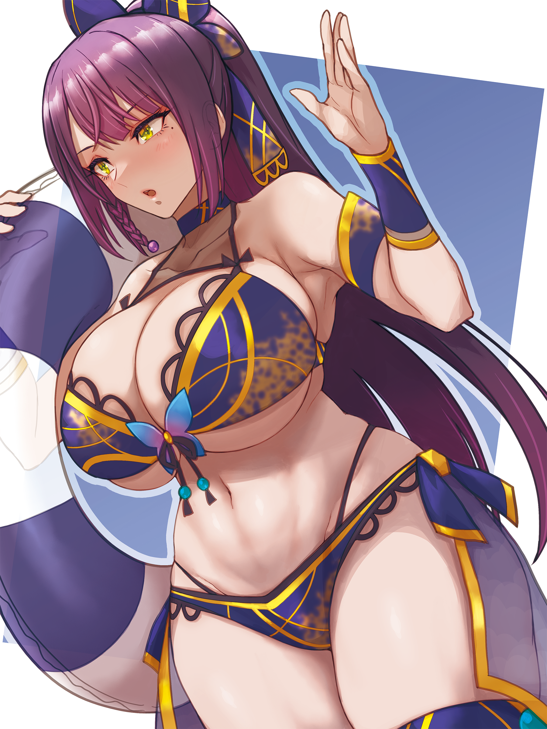 1girl absurdres arm_strap armpit_crease assault_lily bare_shoulders bikini blue_background blue_bikini blue_bow blush bow braid breasts cleavage collarbone commentary_request cowboy_shot dated_commentary dutch_angle floral_print front-tie_bikini_top front-tie_top funada_kiito green_eyes groin hair_bow halterneck hands_up high_ponytail highres holding holding_swim_ring huge_breasts innertube long_hair looking_ahead mabuta_kayumi mole mole_under_eye multi-strapped_bikini_bottom navel official_alternate_costume official_alternate_hairstyle parted_lips ponytail print_bikini purple_hair see-through_clothes side_braid single_braid solo stomach swim_ring swimsuit thick_thighs thigh_strap thighs transparent two-tone_background underboob very_long_hair white_background wrist_cuffs