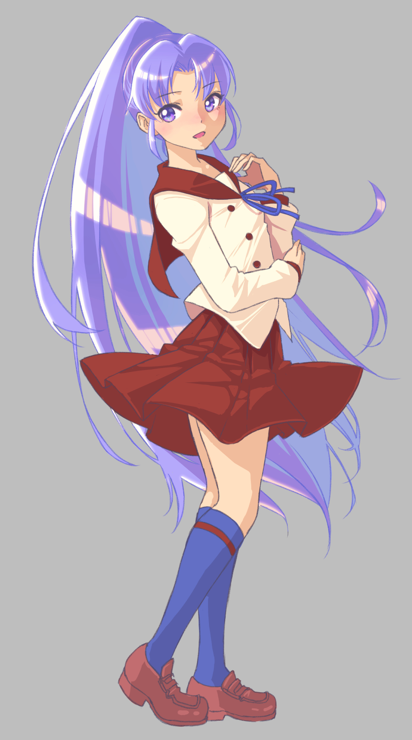 1girl cure_fortune earrings full_body grey_background hair_ornament happinesscharge_precure! heart heart_hair_ornament highres hikawa_iona jewelry jj_(ssspulse) kneehighs long_hair magical_girl open_mouth pikarigaoka_middle_school_uniform ponytail precure purple_eyes purple_hair red_sailor_collar red_skirt sailor_collar school_uniform shirt skirt smile socks solo white_shirt wide_ponytail
