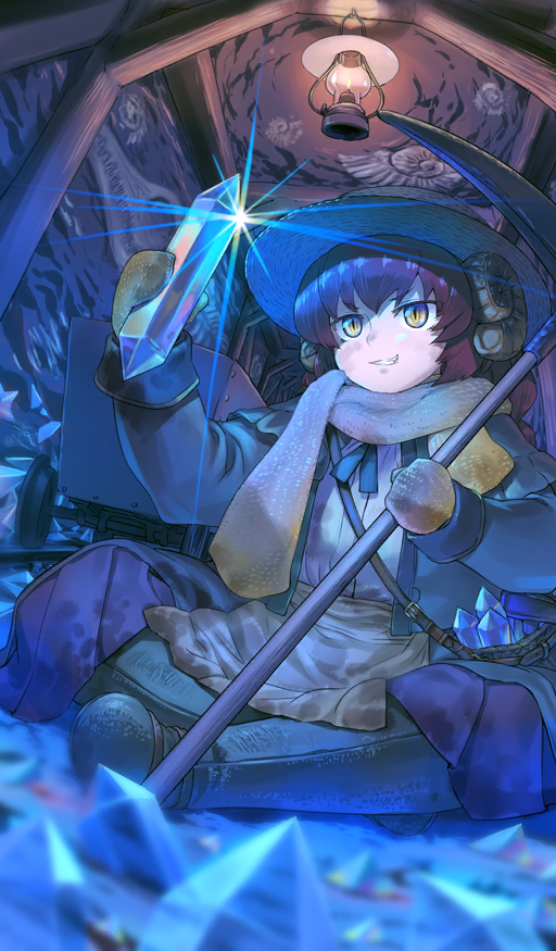 1girl apron blue_ribbon boots brown_hair capelet commentary crystal diffraction_spikes dinosaur_skull fate/grand_order fate_(series) fire fossil glint green_boots green_capelet green_jacket green_skirt hanging_lantern hat holding holding_crystal holding_pickaxe jacket koume_keito lantern long_hair long_sleeves mary_anning_(fate) minecart mineshaft mittens mollusc_shell neck_ribbon official_art open_clothes open_jacket overskirt pickaxe pleated_skirt ribbon scarf shell shirt sitting skirt slit_pupils smirk solo straw_hat sun_hat teeth third-party_source underground waist_apron white_shirt yellow_apron yellow_eyes yellow_mittens yellow_scarf