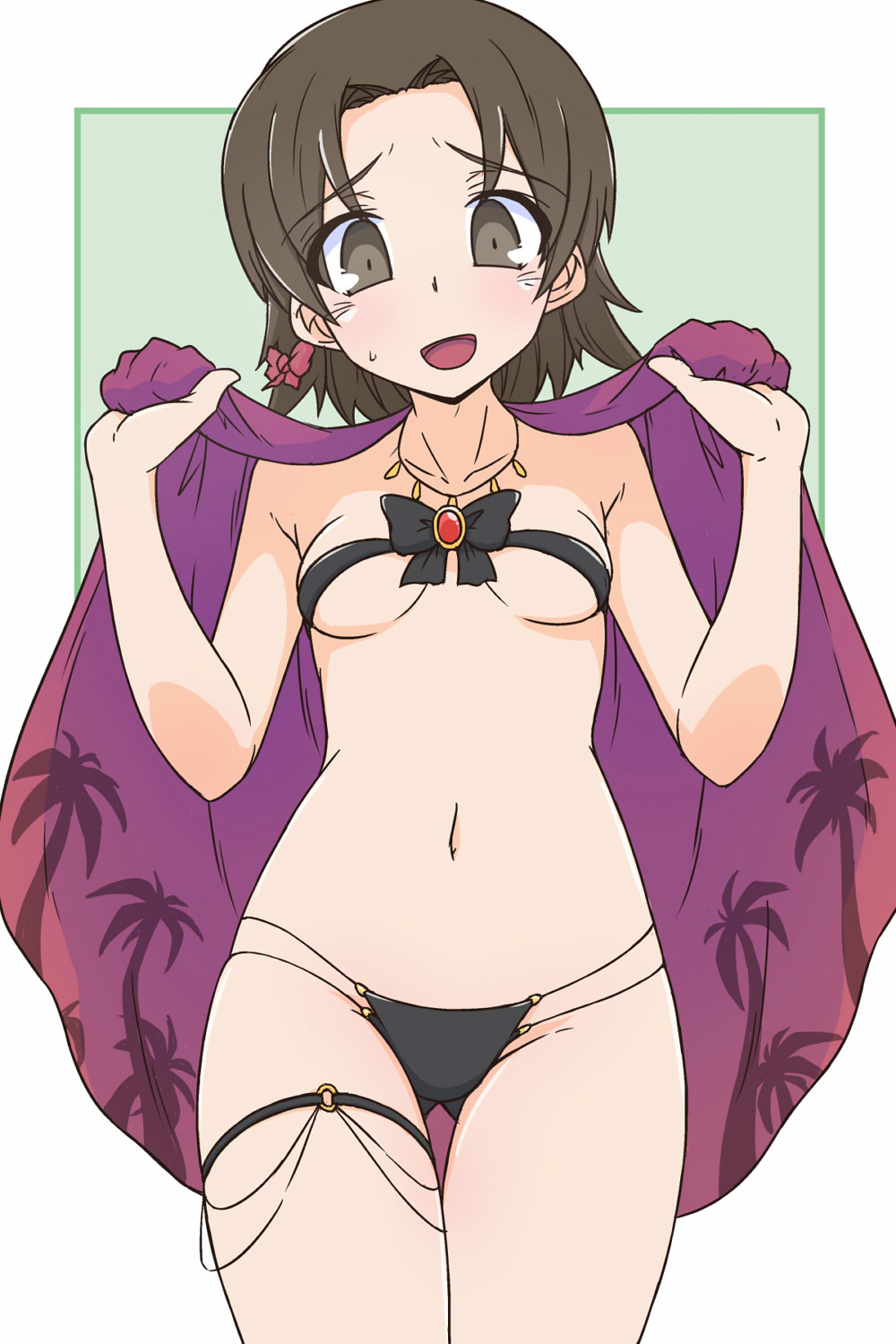 1girl bikini black_bikini breasts brown_eyes brown_hair commentary cowboy_shot girls_und_panzer highres jewelry looking_at_viewer multi-strapped_bikini_bottom navel necklace open_mouth parted_bangs purple_shawl renshiu sawa_azusa shawl short_hair small_breasts smile solo standing sweatdrop swimsuit thigh_gap thigh_strap