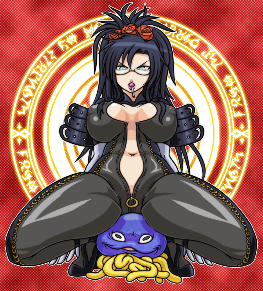 1girl alternate_hairstyle bayonetta bayonetta_(cosplay) bayonetta_(series) bayonetta_1 black_hair blue_eyes bodysuit breasts candy cleavage cleavage_cutout clothing_cutout cosplay deborah_(dq5) dragon_quest dragon_quest_v flower food glasses hair_flower hair_ornament healslime large_breasts lipstick lollipop long_hair makeup rose spread_legs squatting tonda unzipped