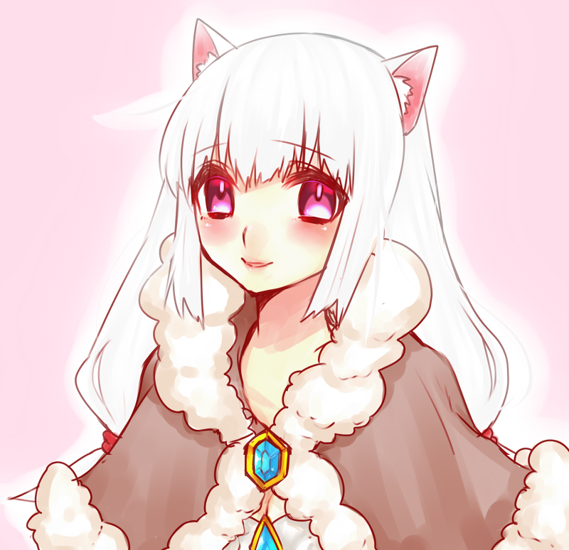 1girl animal_ears blue_brooch blush brown_cape cape cat_ears cat_girl closed_mouth commentary_request fur-trimmed_cape fur_trim long_hair looking_at_viewer official_alternate_costume pink_background pink_eyes ragnarok_online shirokuro_(erisnoa) simple_background smile solo upper_body warlock_(ragnarok_online) white_hair