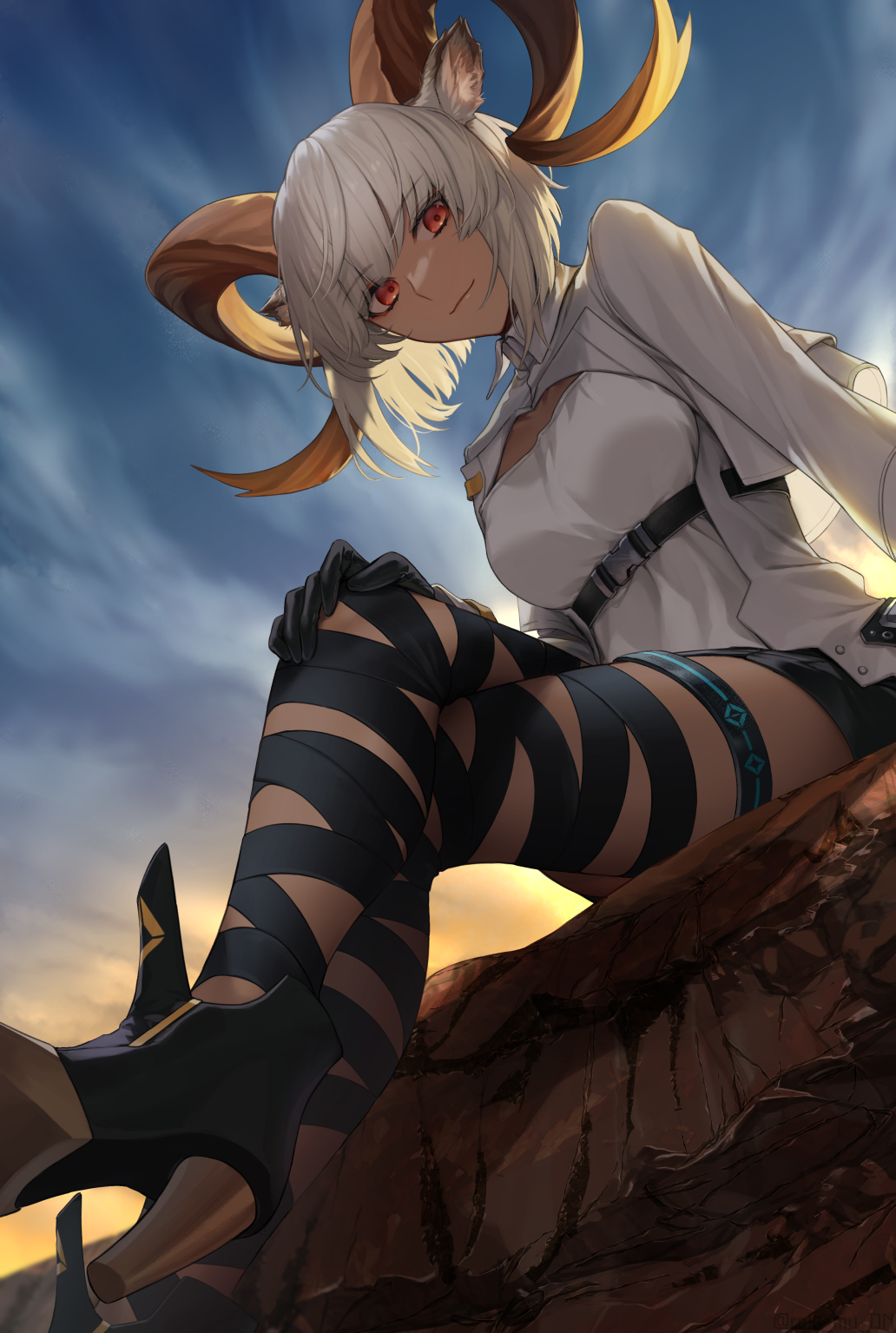 1girl animal_ears arknights arm_support belt black_belt black_footwear black_gloves black_legwear black_ribbon black_shorts bob_cut brown_horns carnelian_(arknights) collared_jacket commentary_request crossed_legs curled_horns dark-skinned_female dark_skin dirt female_focus from_below gazelle_ears gazelle_horns gloves hand_on_own_knee high_heels highres horns infection_monitor_(arknights) jacket long_sleeves looking_at_viewer looking_down medium_hair on_ground open_clothes open_jacket outdoors red_eyes ribbon ribbon_legwear roki_(shouka65) shirt shorts sitting sky solo twilight white_hair white_jacket white_shirt white_sleeves wing_collar
