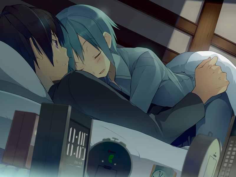 10s 2boys akinashi_yuu black_hair blush clock game_cg koi_to_senkyo_to_chocolate multiple_boys oojima_yuuki open_mouth short_hair sleeping yumeshima_oboro
