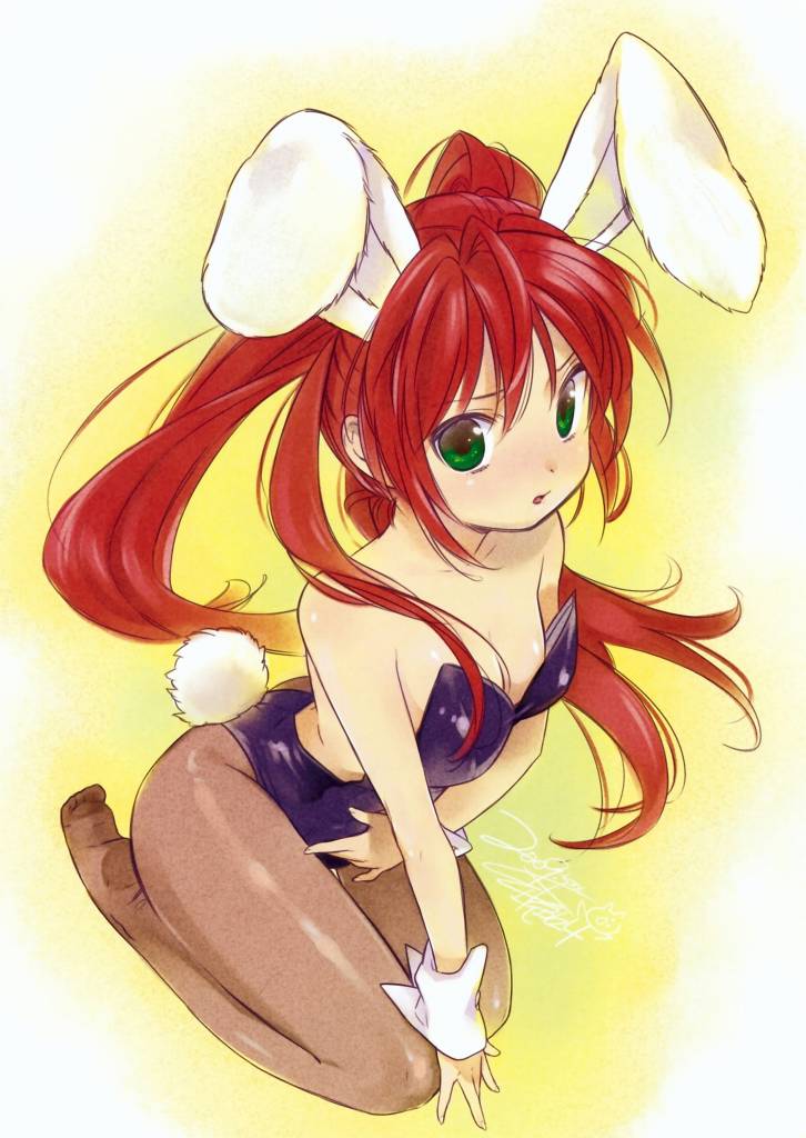 1girl animal_ears bare_shoulders breasts fake_animal_ears female_focus green_eyes izumi_sora komatsu_eiji leotard long_hair no_shoes non-web_source pantyhose playboy_bunny rabbit_ears rabbit_tail red_hair seiza sitting small_breasts solo stellar_theater tail zekkyou_(h9s9)
