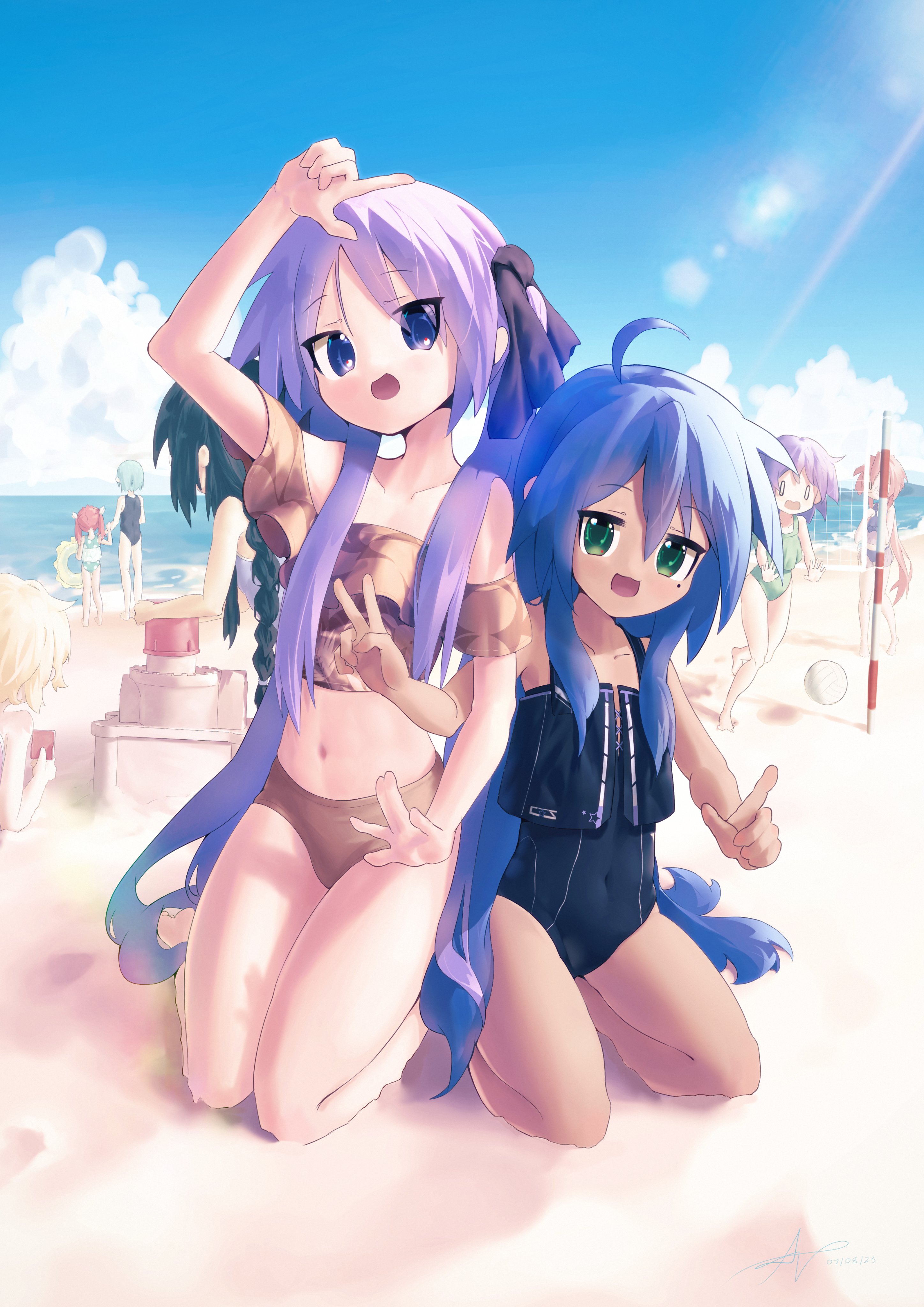 6+girls absurdres ap04astral beach bikini blue_sky cousins highres hiiragi_kagami hiiragi_tsukasa iwasaki_minami izumi_konata kobayakawa_yutaka lucky_star multiple_girls one-piece_swimsuit patricia_martin sand_castle sand_sculpture siblings sisters sky smile sunlight swim_ring swimsuit takara_miyuki tamura_hiyori twins volleyball