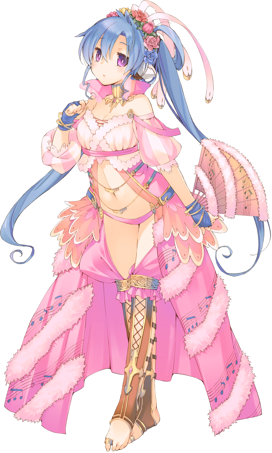 1girl :o barefoot beamed_quavers between_toes blue_hair bracelet breasts bridal_gauntlets bright_pupils cleavage dancer dress dungeon_travelers_2 feet female_focus flat_sign flower full_body hair_flower hair_ornament highres ist ist_(dungeon_travelers) jewelry kokonoka long_hair musical_note musical_note_print navel official_art purple_eyes quaver solo musical_staff toe_ring toeless_legwear toes transparent_background twintails