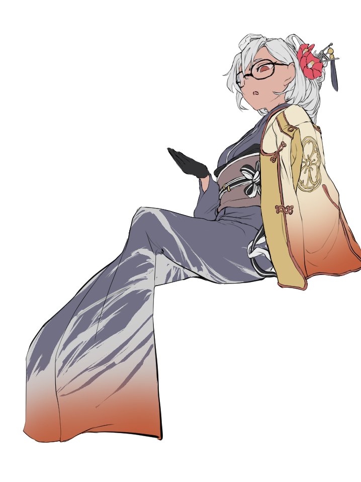 1girl black_gloves black_kimono brown_eyes camellia dark-skinned_female dark_skin flower furisode glasses gloves gradient_clothes gradient_kimono hair_flower hair_ornament headgear invisible_chair japanese_clothes kantai_collection kimono musashi_(kancolle) musashi_(new_year)_(kancolle) obi red_eyes sannsogyoraikai sash sitting solo